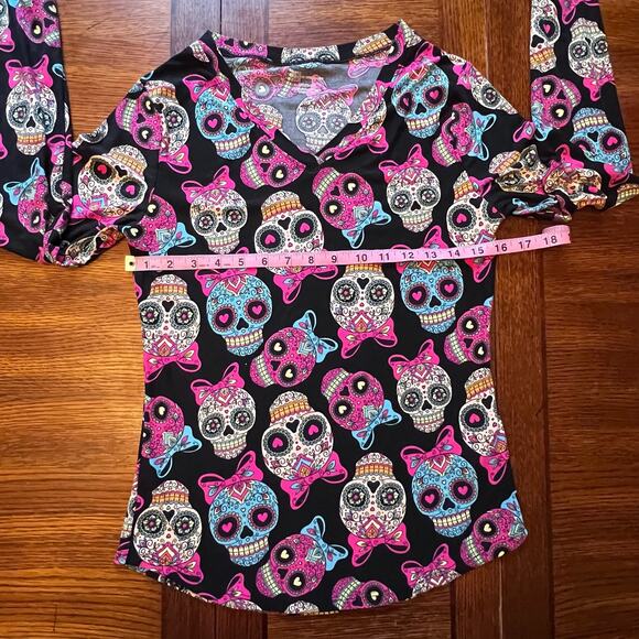 Women’s Junior Y2k Halloween Mexican Sugar Skull Colorful Super Soft Top Large - Picture 6 of 11